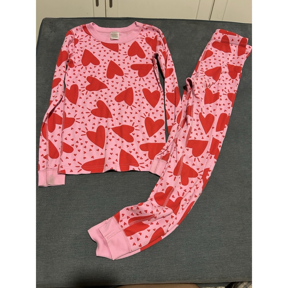 Hanna Anderson Pink and Red Heart Girls Two Piece Long Sleeve Pajama Set Size 10